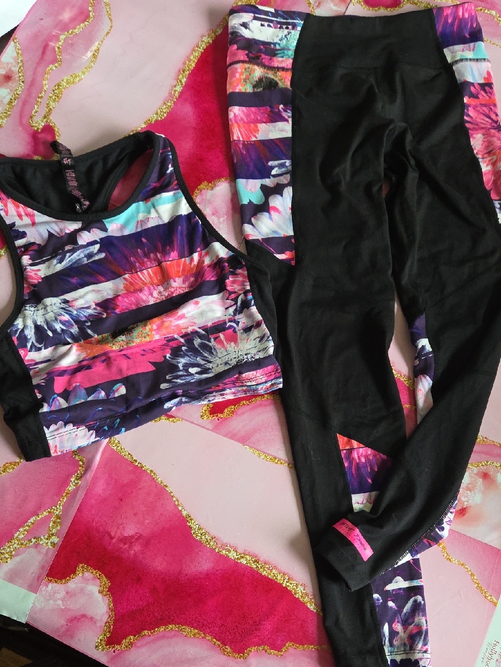 Betsey Johnson Black Active Crop Top  And Leggins Set with Pink Floral Accents